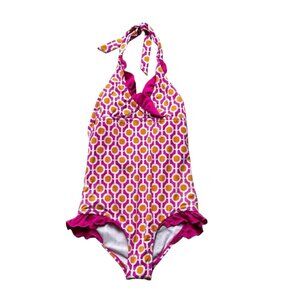Garnet Hill Kids Pink and Orange Print One Piece Swimming Suit Size 7 Girls